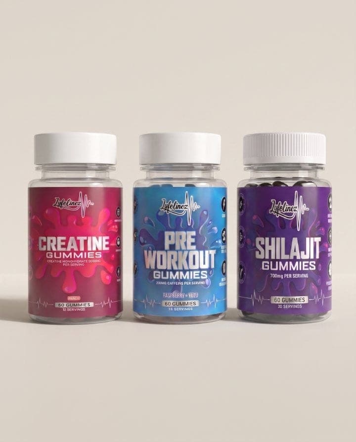 Pick Three: five Lyfelinez gummy jars in a row. Creatine, Pre Workout, KD:2.0, Multi Mushroom and Shilajit.