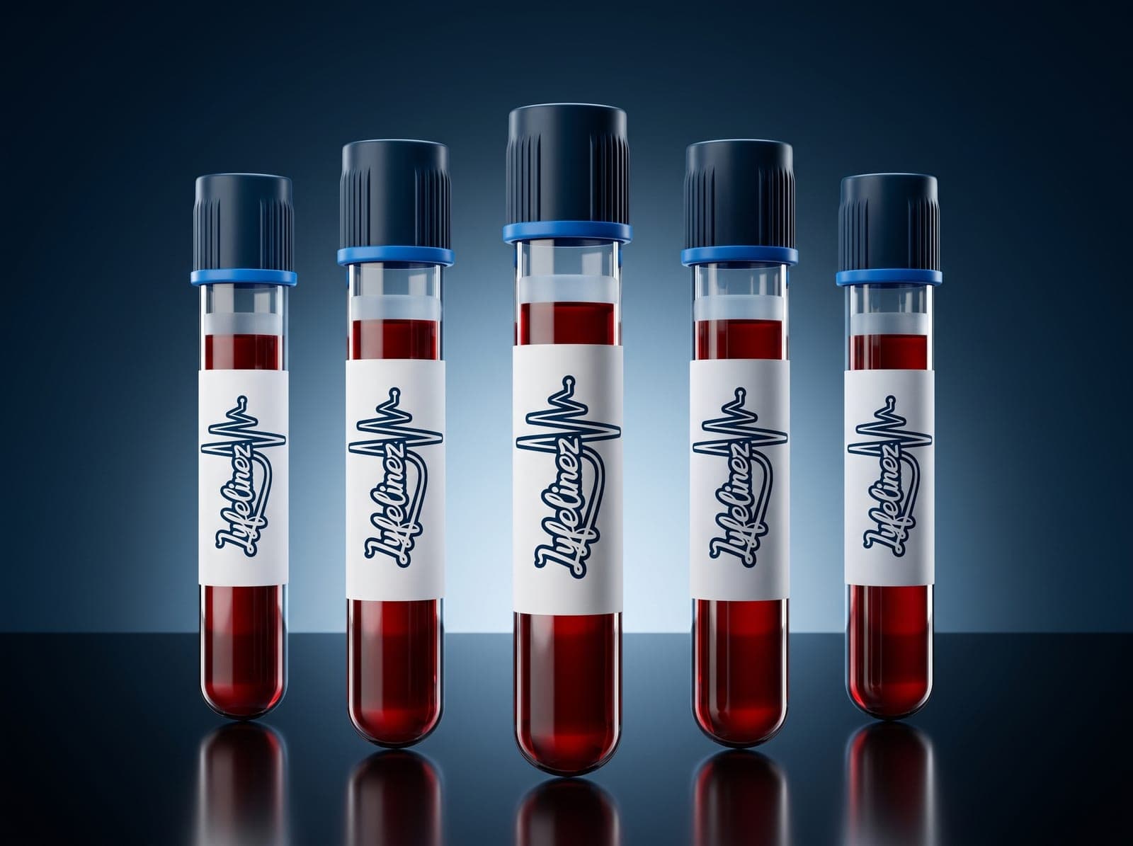 Five Lyfelinez-labelled blood sample tubes with navy caps under a dramatic spotlight