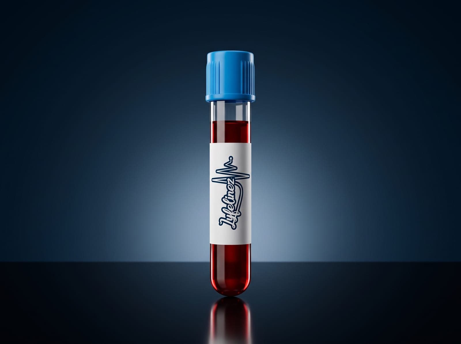 One Lyfelinez-labelled blood sample tube with a blue cap under studio light