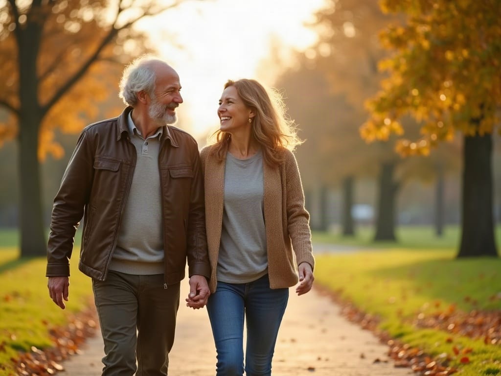 A couple walking outdoors on a bright day