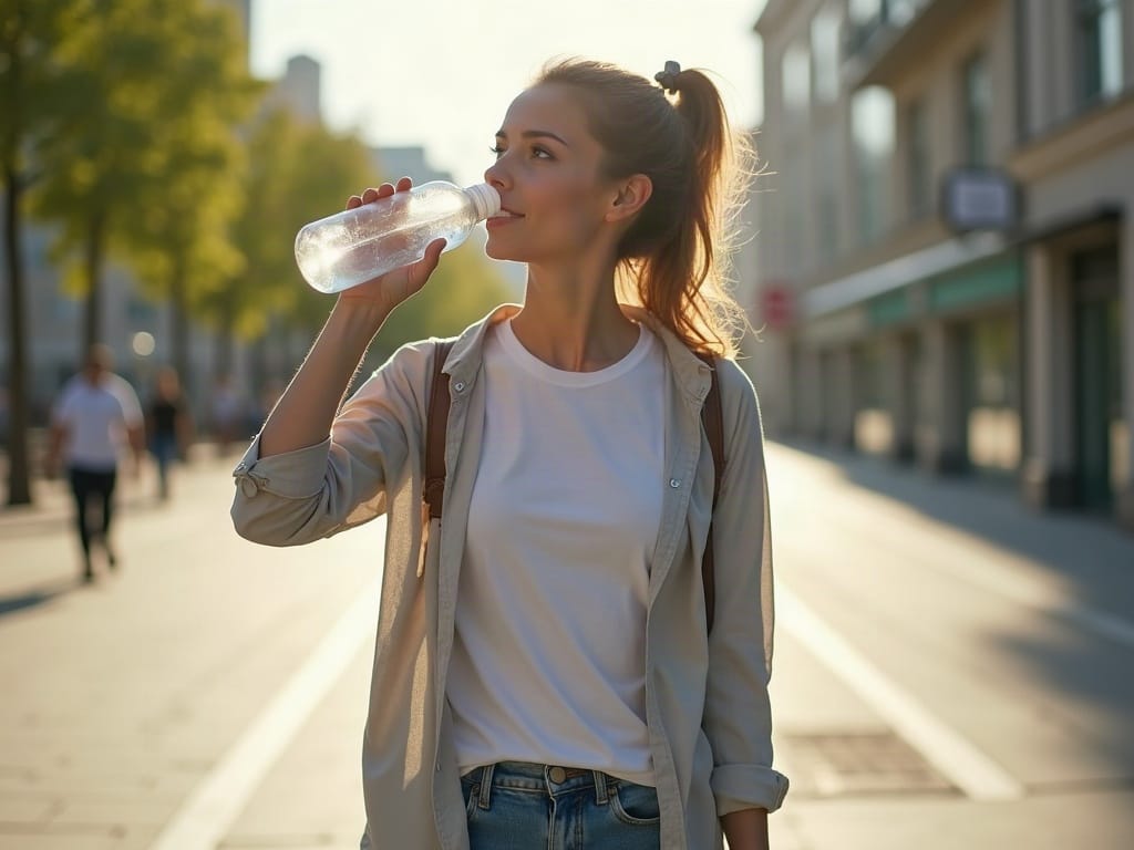 Someone drinking water while walking to work in daylight