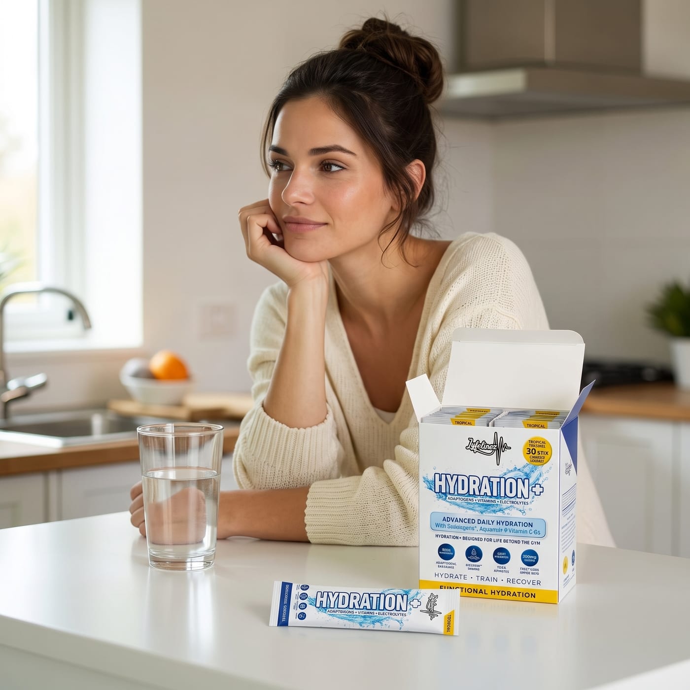 Someone drinking water at home in daylight, with a Lyfelinez tub on the counter